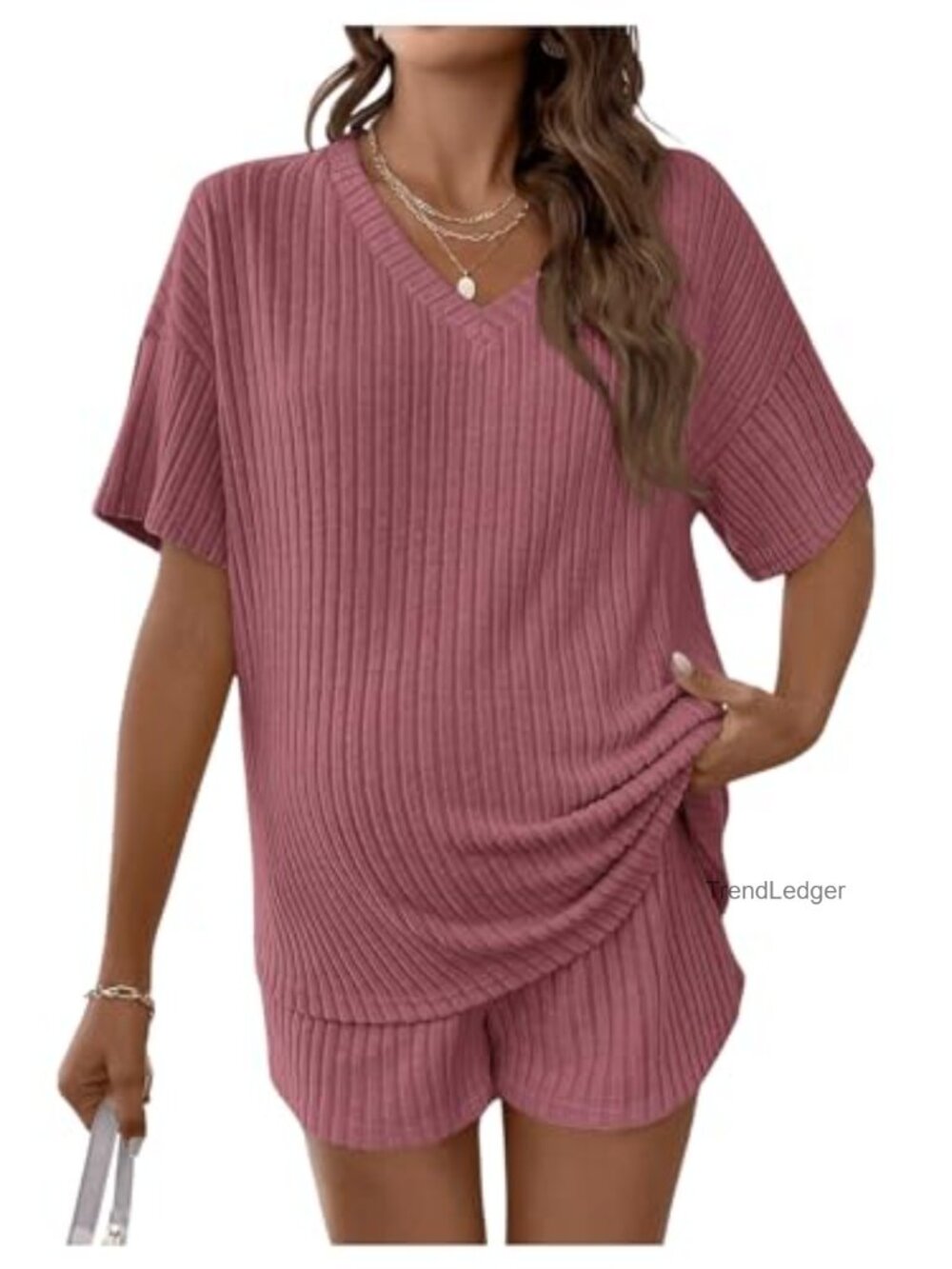 Maternity 2 Piece Shorts Set V Neck Short Sleeve Rib Knit Elastic Waist